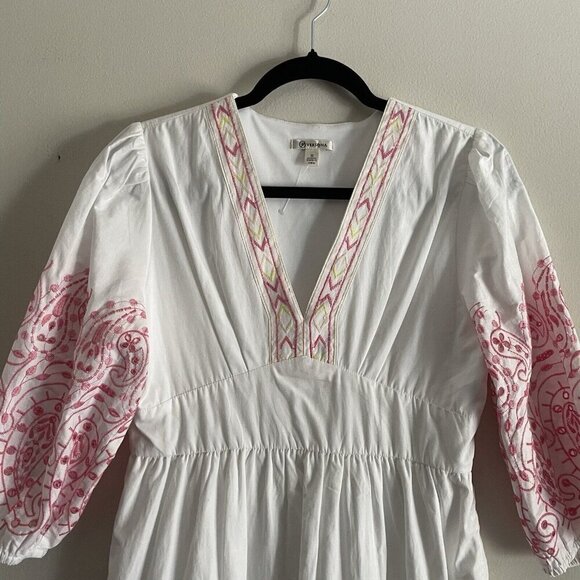 Versona Women S White Pink Eyelet Embroidered Boho V-Neck Tiered A-Line Sundress - Picture 4 of 10